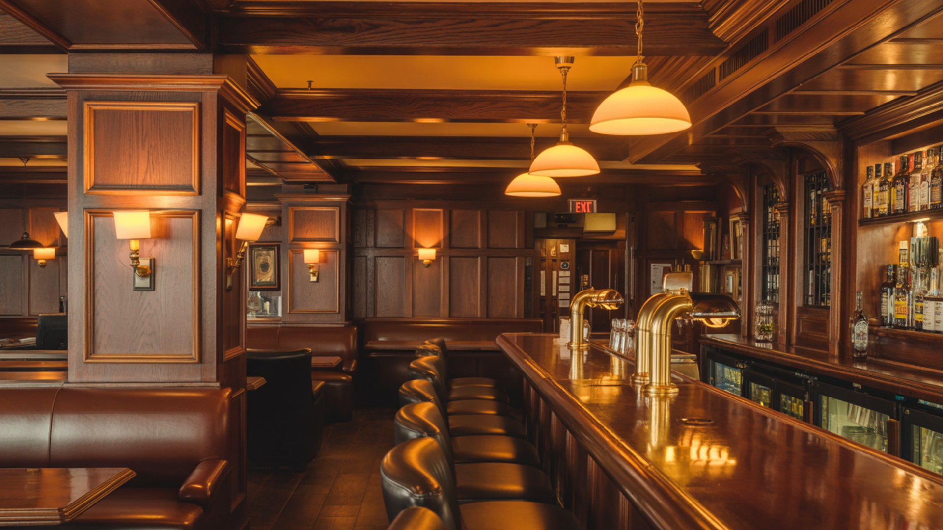 Warm interior of a traditional Cornish pub with amber lighting and dark wood